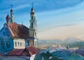 Vilnius old town panoramic watercolor