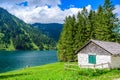 Vilsalpsee Vilsalp Lake at Tannheimer Tal, beautiful mountain scenery in Alps of Austria Royalty Free Stock Photo