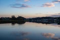 Vilvoorde, Flemish Brabant Region, Belgium - Colorful reflections of residential houses in the canal during twilight