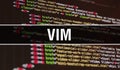 VIM concept illustration using code for developing programs and app. VIM website code with colourful tags in browser view on dark