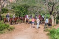 VINALES, CUBA - FEB 19, 2016: Group of tourists rides horses in Vinales valley, Cub