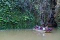 VINALES, CUBA - FEB 18, 2016: Tourists in a boat are leaving Cueva del Indio cave in National Park Vinales, Cub