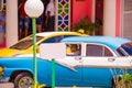 VINALES, CUBA - MAY 13, 2017: American blue retro car in the parking lot, Vinales, Pinar del Rio, Cuba. Close-up.