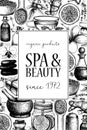 Vinatge dframe with hand drawn SPA and beauty illustrations. Vintage Cosmetics and aromatical ingredients background. Vector templ