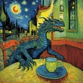 Vincent Van Gogh Dragon Painting Midnight Cafe Chill Starry Night Brushstroke Western Freestyle Paint Dinosaur Draw AI Art Royalty Free Stock Photo