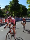 Vincenzo Nibali behind the pink jersey maglia rosaTom Dumoulin near arrival in Bergamo stage in the 100th edition of Giro d`Italia