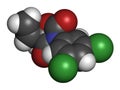 Vinclozolin fungicide molecule. 3D rendering. Atoms are represented as spheres with conventional color coding: hydrogen white,. Royalty Free Stock Photo