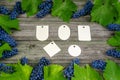 Vine with blue grapes and leaves around on vintage rustic wooden table. Set of differents paper tags template in center. Royalty Free Stock Photo