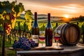 VINE BOTTELS ON WOODEN TABLE WITH GRAPES GENERATED BY AI TOOL