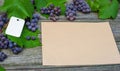 Vine with grapes and leaves on vintage rustic wooden table. Paper tag on leaves and old paper template Royalty Free Stock Photo