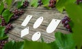 Vine with pink grapes and leaves around on vintage rustic wooden table. Set of differents paper tags Royalty Free Stock Photo