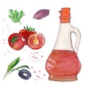 Vinegar jar bottle with salad ingridients tomato, basil, olive watercolor set