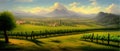 Vineyard Field on hills vector illustration. Artistic landscape with growing Royalty Free Stock Photo