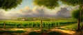 Vineyard Field on hills vector illustration. Artistic landscape with growing Royalty Free Stock Photo