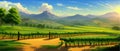 Vineyard Field on hills vector illustration. Artistic landscape with growing Royalty Free Stock Photo