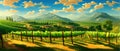 Vineyard Field on hills vector illustration. Artistic landscape with growing Royalty Free Stock Photo