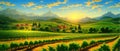 Vineyard Field on hills vector illustration. Artistic landscape with growing Royalty Free Stock Photo