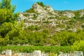 Vineyard of grape vines at base of, Les Alpilles mountain, foothills Royalty Free Stock Photo