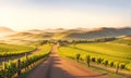 Vineyard with house. Spring landscape morning in village with green meadow on hills, orang and blue sky, Spring panorama view Royalty Free Stock Photo