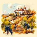 Vineyard landscape with grape tree field and winery villa on background. Hand drawn illustration poster