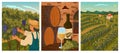 Vineyard landscape and winery field with villa farm house. Hand draw vector illustration poster. Wine wooden barrels in