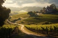 Vineyard in the morning light and road along the hills on the way to the estate