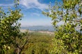 Vineyard near small village, blue sky, agriculture and wine Royalty Free Stock Photo