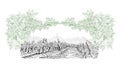 Vineyard with old town on horizon inside of decorative arc from grapes and vines. Landscape hand drawn in sketch style. Vector Royalty Free Stock Photo