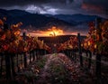 Vineyard row under dramatic sunset autumn leaves distant hills Royalty Free Stock Photo
