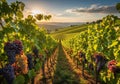 Vineyard during sunset, featuring rows of grapevines bearing Royalty Free Stock Photo