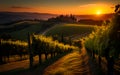 Vineyard village on sunset. Spain hills vineyard, olive trees in autumn season.