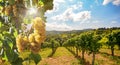 Vineyard with white wine grapes in late summer before harvest near a winery Royalty Free Stock Photo