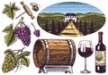 Vineyard and Wine Set. Grapes and wooden barrel. Vine plantation for bottle labels. Engraved landscape. Hand drawn
