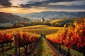 Vineyards in autumn colors at sunset. Tuscany, Italy, AI Generated