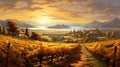 Vineyards in autumn season at sunset. Landscape with lake and village.