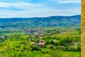 Vineyards and countryside in Beaujolais, with the village Saint-Laurent-d-Oingt