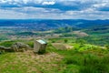 Vineyards and countryside, and a descriptive sign, in Beaujolais Royalty Free Stock Photo