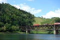 Vineyards, train, forest and double-decker bridge Alf-Bullay. Royalty Free Stock Photo