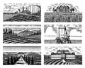 Vineyards Set for bottle labels. Vine plantation. Scenic view of French engraved landscape. Mountains Rural Fields Wheat Royalty Free Stock Photo