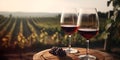 two glasses of red wine on a wooden barrel, vineyards, harvest, banner, illustration. Generative AI Royalty Free Stock Photo