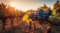 Vineyards at sunset in autumn harvest. Ripe grapes in fall, generative ai Royalty Free Stock Photo