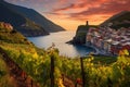 Vineyards at sunset in Cinque Terre, Italy, Panorama of Vernazza and suspended garden, Cinque Terre National Park, Liguria, Italy Royalty Free Stock Photo