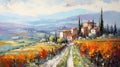 Italian Autumn Vineyard Landscape Painting: Vibrant Colors And Expressive Brushwork