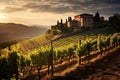 Vineyards in Tuscany, Italy. Beautiful landscape at sunset, AI Generated
