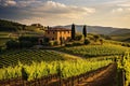Vineyards in Tuscany, Italy at sunset. Retro style, AI Generated