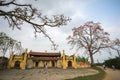 Vinh Phuc, Vietnam - Mar 22, 2017: Temple with blooming bombax ceiba tree and a female monk sweeping temple yard in Lap Thach dist