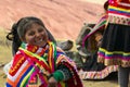 Vinicunca - rainbow mountain, PERU - August 31, 2019. Portrait of a female child, wearing typical colored clothes
