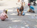 Vinnitsa, Ukraine. 08/24/2019. Children draw on the pavement with chalk