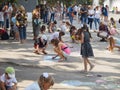 Vinnitsa, Ukraine. 08/24/2019. Children draw on the pavement with chalk