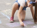 Vinnitsa, Ukraine. 08/24/2019. Children draw on the pavement with chalk